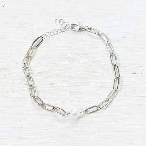 Sterling Silver Paperclip Bracelet w/ Pearl