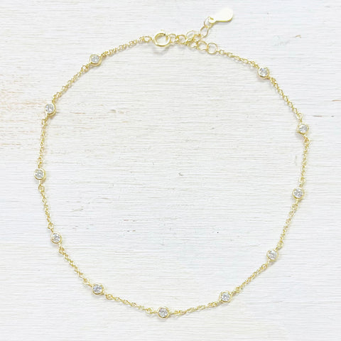 Sterling Silver Gold Plated CZ Station Anklet