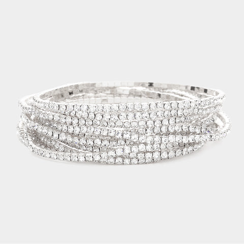 Fashion Silver Tone Rhinestone Stretch Bracelet Set of 12