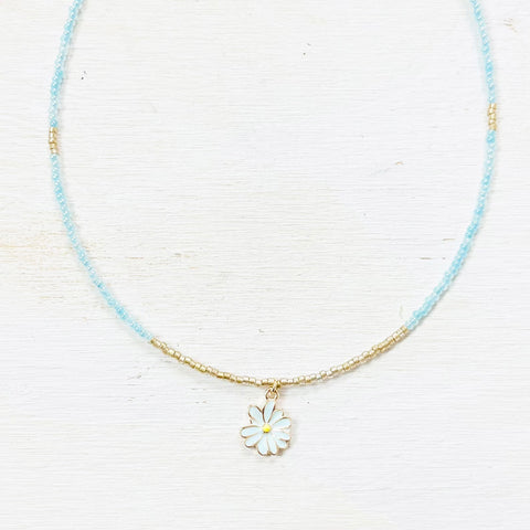 Fashion Blue Beaded Flower Necklace