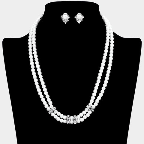 Fashion Rhinestone Accent Double Pearl Strand Necklace Set