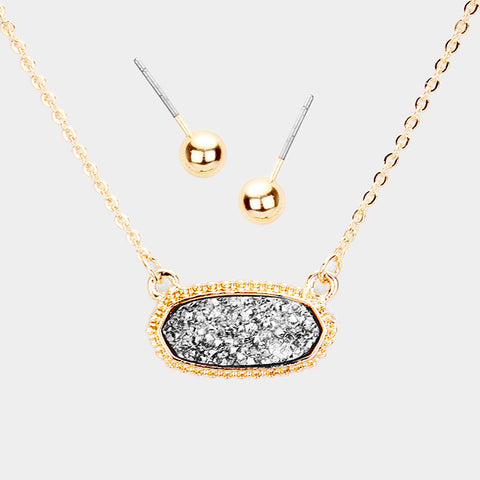 Fashion Gold Tone Grey Druzy Necklace Set