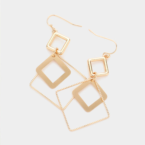 Fashion Gold Tone Triple Square Dangle Earrings