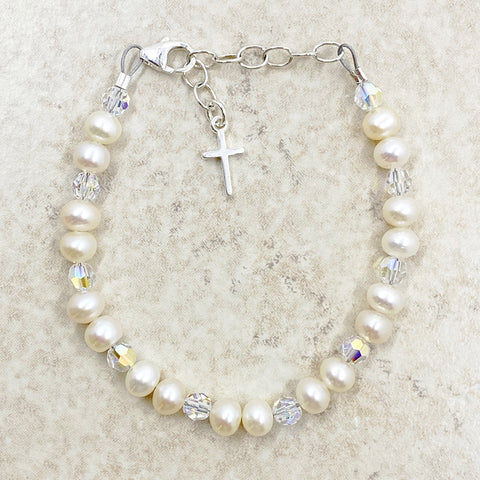 Sterling Silver Children’s Freshwater Pearl Bracelet with Cross