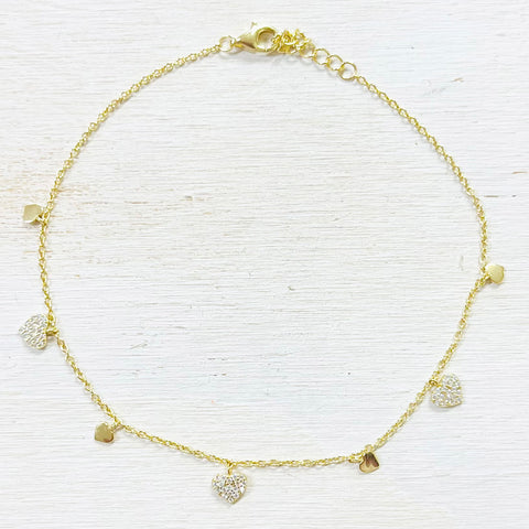 Sterling Silver Gold Plated CZ Heart Anklet