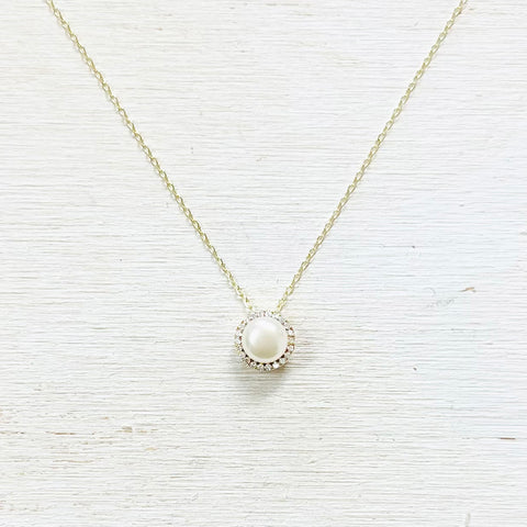 Sterling Silver Gold Plated CZ Freshwater Pearl Necklace