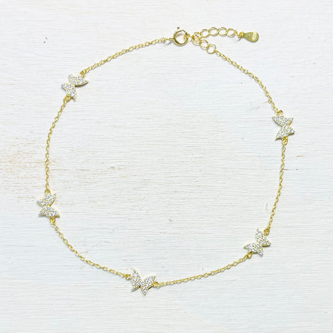Sterling Silver Gold Plated CZ Butterfly Anklet