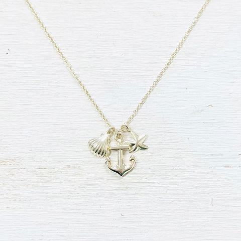 Sterling Silver Gold Plated Anchor, Shell, and Starfish Necklace