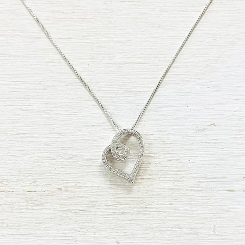 Estate Sterling Silver & Diamond Heart Necklace