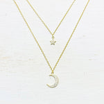 Sterling Silver Gold Plated CZ Moon and Star Layered Necklace