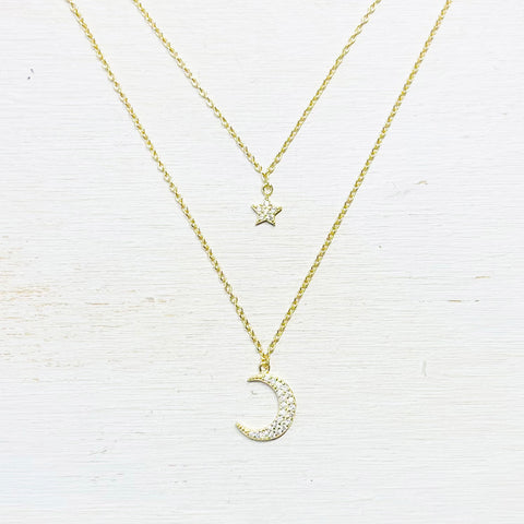 Sterling Silver Gold Plated CZ Moon and Star Layered Necklace