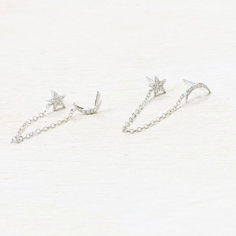 Sterling Silver CZ Moon and Star Chain Earrings