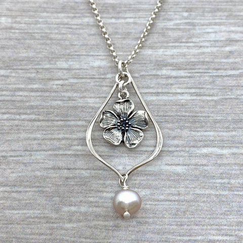 Sterling Silver Cherry Blossom with Freshwater Pearl Necklace