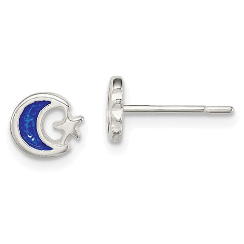 Sterling Silver Children’s Blue Enamel Moon and Star Studs