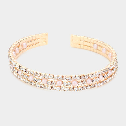 Fashion Gold Tone Rhinestone Pearl Cuff