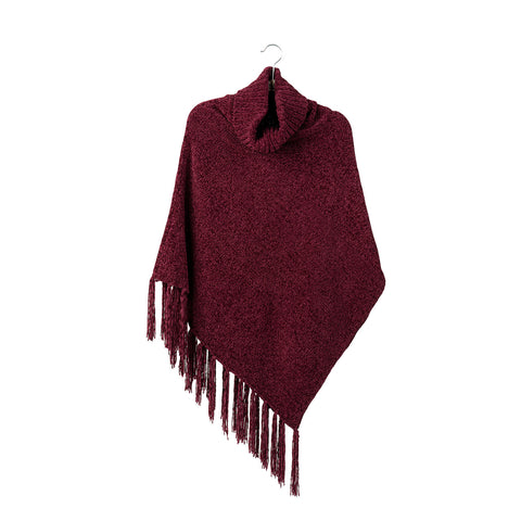 Beyond Soft Wine Cowl Neck Poncho with Fringe
