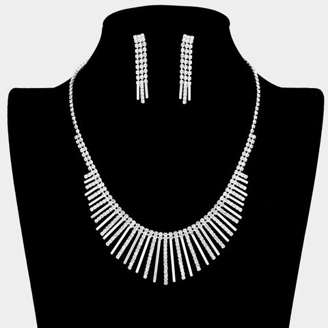 Fashion Silver Tone Rhinestone Fringe Bar Necklace Set