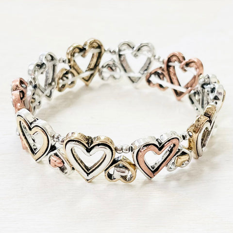 Fashion Tri Tone Heart Stretch Bracelet