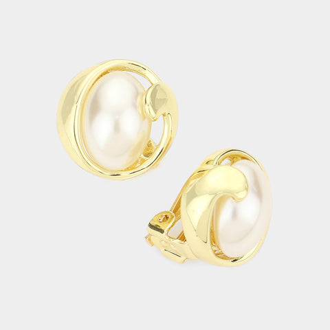 Fashion Gold Tone Pearl Accented Clip On Earrings