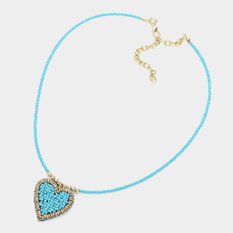 Fashion Blue Beaded Heart Necklace