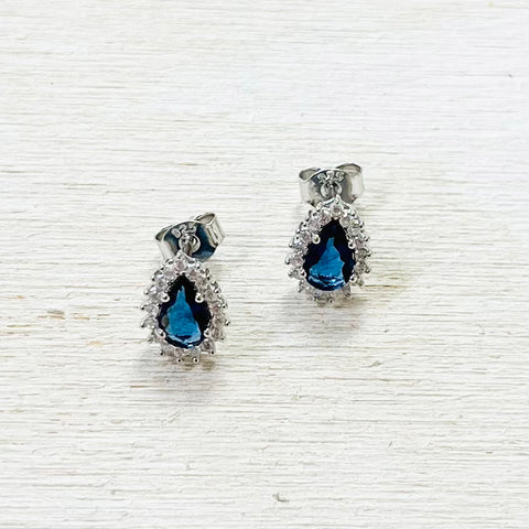 Sterling Silver CZ Blue Teardrop Studs