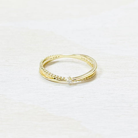 Sterling Silver Gold Plated CZ Thin Criss Cross Ring