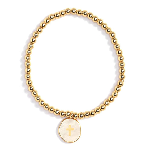 Gold Plated Cross Charm Beaded Stretch Bracelet