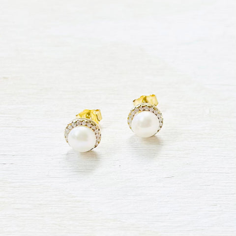 Sterling Silver Gold Plated CZ Freshwater Pearl Studs