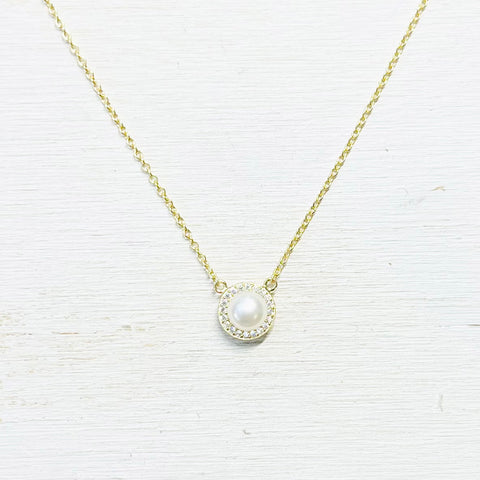 Sterling Silver Gold Plated Freshwater Pearl w CZ Halo Necklace