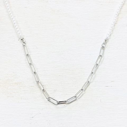 Fashion Silver Tone Paperclip Chain and Pearl Necklace