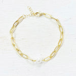 Sterling Silver Gold Plated Paperclip Bracelet w/ Pearl