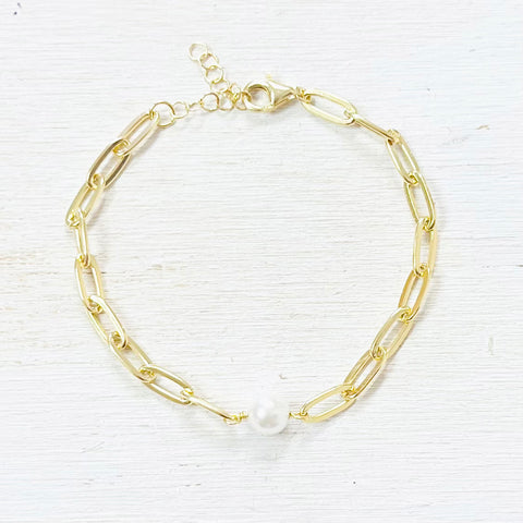 Sterling Silver Gold Plated Paperclip Bracelet w/ Pearl