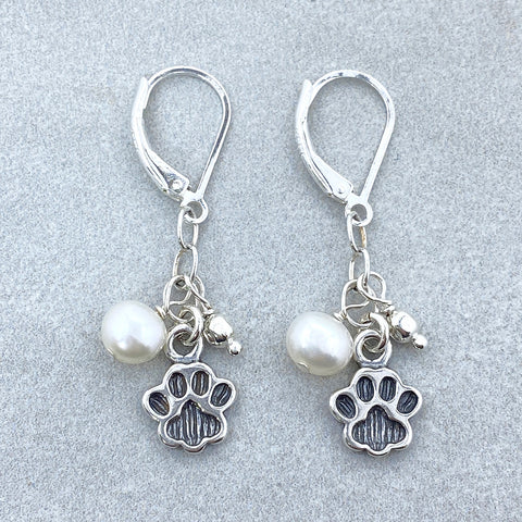 Sterling Silver Paw & Freshwater Pearl Earrings