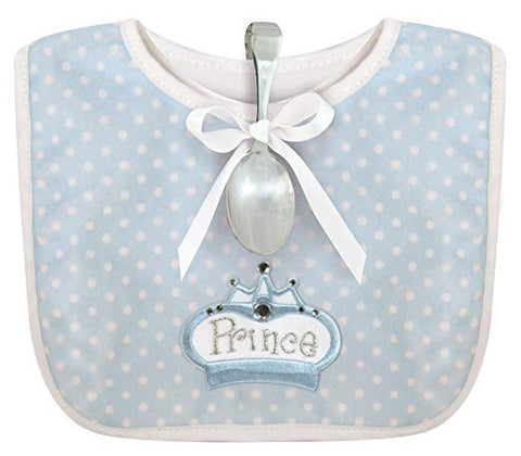 Infant Boy Polka Dot Bib and Silver Plated Bent-Handled Spoon Gift Set, Little Prince