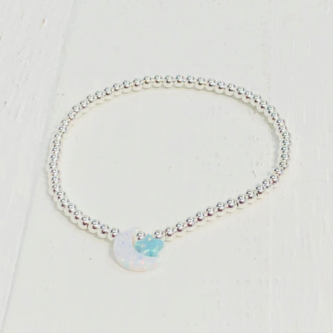 Opal Moon and Star Sterling Silver Bracelet- Mint & White