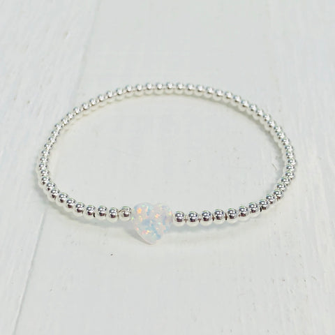 LARGE OPAL HEART STERLING SILVER BRACELET - WHITE