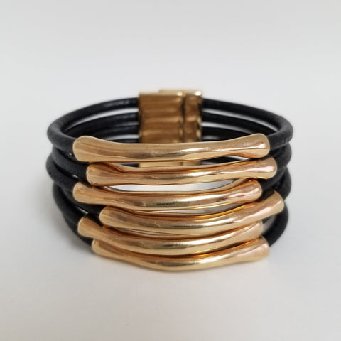 Gold Tone Black Cord Magnetic Bracelet