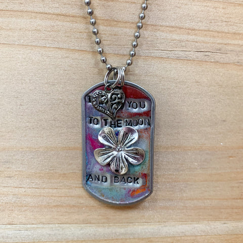 Handpainted Flower I Love You To the Moon And Back Dog Tag Necklace