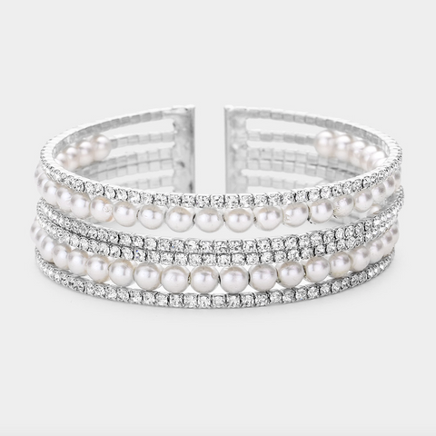 Pearl Accented Rhinestone Cuff Bracelet