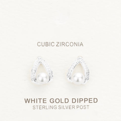 White Gold Dipped CZ Pearl Earrings