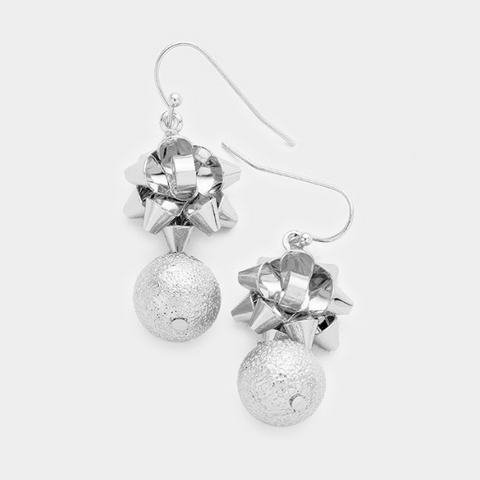 Christmas Gift Bow Frosted Ball Earrings