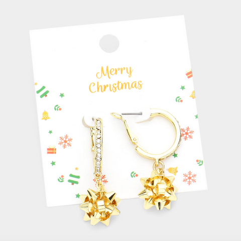 Rhinestone Hoop Christmas Bow Dangle Earring