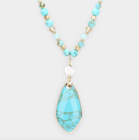 Semi Precious Teardrop Pendant Beaded Long Necklace