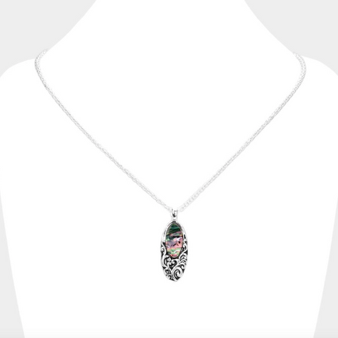 Abalone Accented Embossed Oval Pendant Necklace