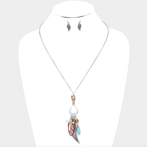 Cross Feather Angel Wing Turquoise Pendant Necklace Set