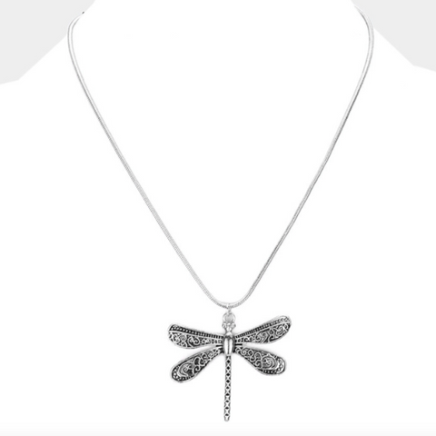 Patterned Antique Dragonfly Pendant Necklace