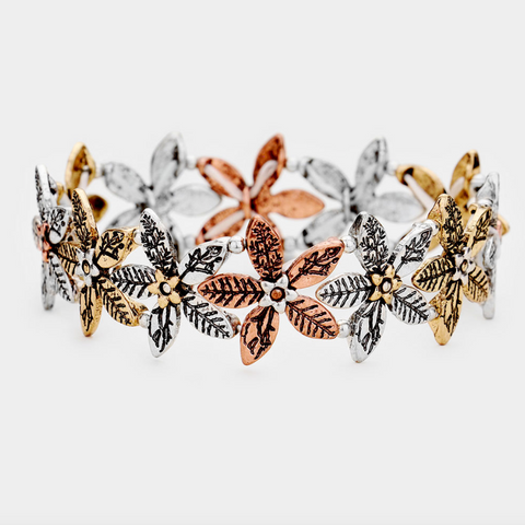 Textured Burnished Metal Flower Stretch Bracelet