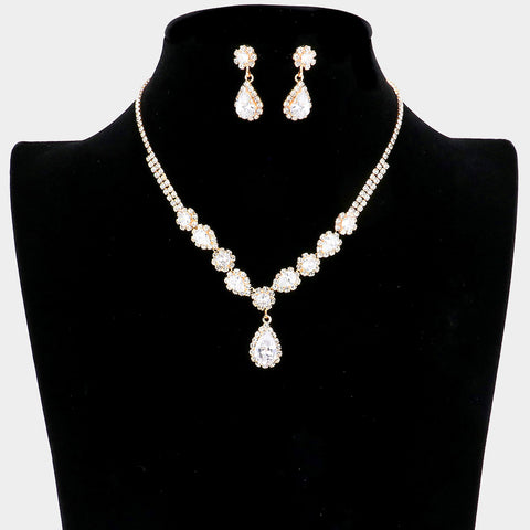 Fashion Gold Tone Teardrop Rhinestone Necklace Set