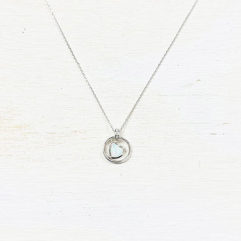 SS Circle w Opal Heart Necklace 16-18”
