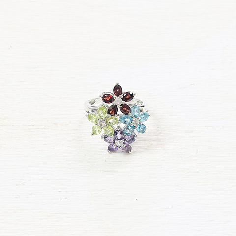 Sterling Silver Estate Multicolor Flower Ring